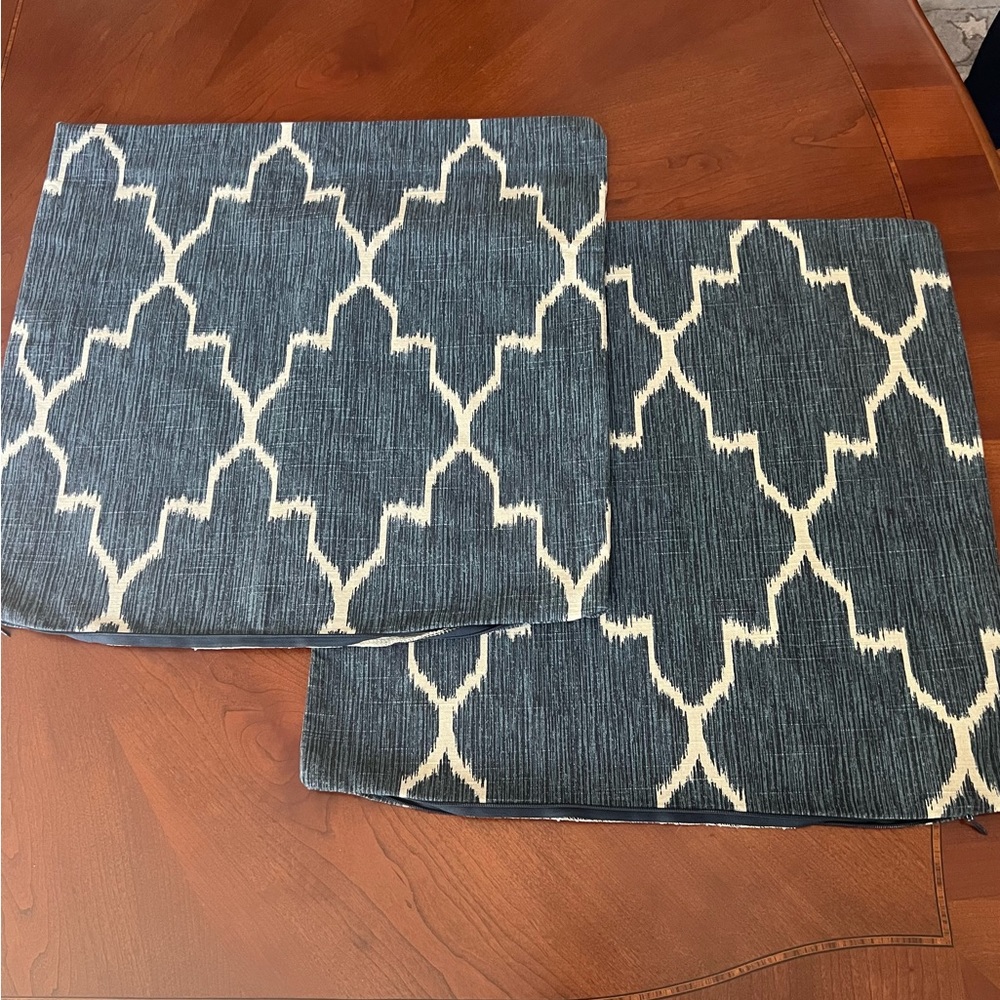 Two (2) custom made blue and tan pattern pillow covers 19” x 19”